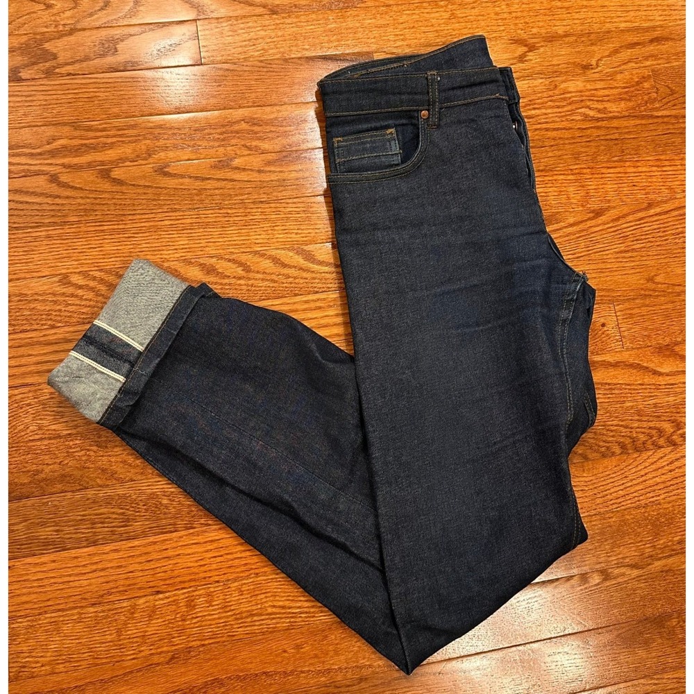 Folk Selvedge Denim Jeans Mens 34x32 Indigo Blue Button Fly Slim Straight Fade